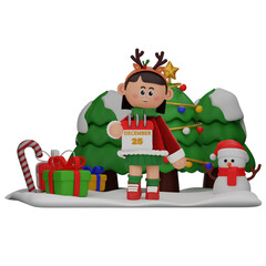 3d girl cartoon christmas Showing Calender pose isolated on transparent background