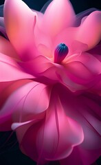 there is a pink flower with a blue center on a black background.
