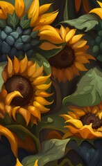 there are many sunflowers that are in a field together.