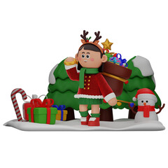 3d girl cartoon christmas With A Sack Of Gifs pose isolated on transparent background