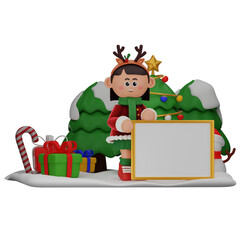 Naklejka premium 3d girl cartoon christmas With a Whiteboard pose isolated on transparent background