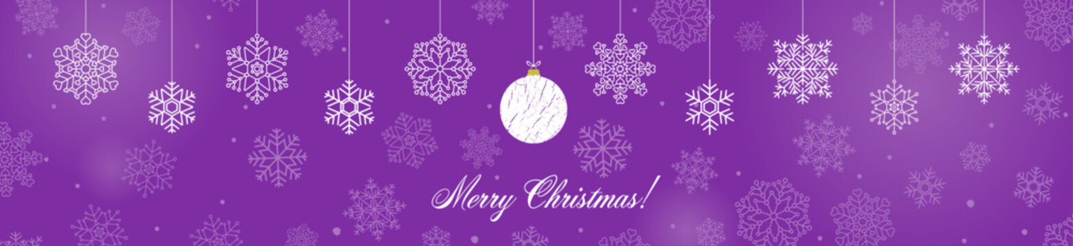 Purple Merry Christmas banner design with snowflake vector illustration. Winter holidays concept card design to use for merry christmas cards, winter banner advertising, holiday greetings.

