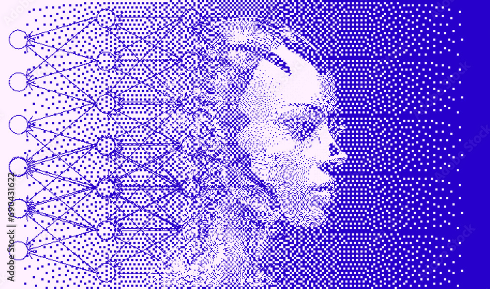 Poster Head silhouette in profile in pixel art style. Vector illustration devoted to the theme of machine learning and future technologies.