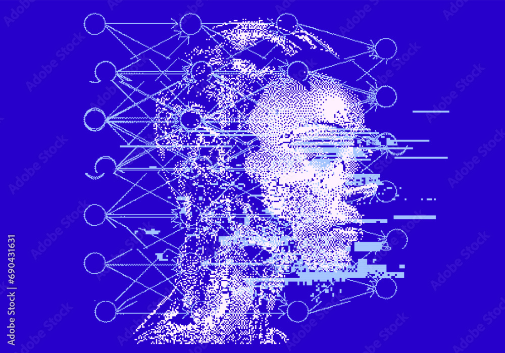 Aufkleber Head silhouette in profile in pixel art style. Vector illustration devoted to the theme of machine learning and future technologies.