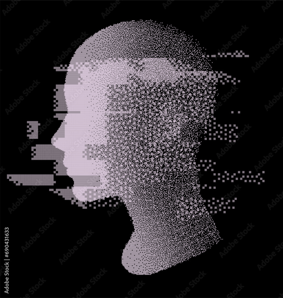 Aufkleber Head silhouette in profile in pixel art style. Vector illustration devoted to the theme of machine learning and future technologies.
