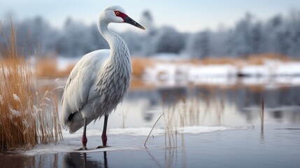 Crane bird in winter scenery