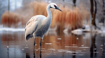 Crane bird in winter scenery