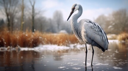 Naklejka premium Crane bird in winter scenery