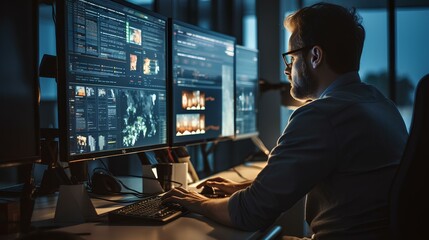 A programmer developing cloud-based solutions. His screen is filled with cloud icons and server schematics. generative AI