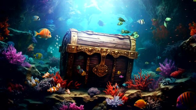 treasure box on underwater of sea with many fish, coral reef, video looping background animation Beautiful scenery of  underwater of sea. 