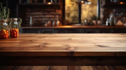 Empty wooden table with kitchen