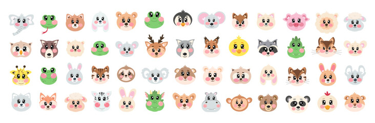 Very big set, collection of cute head, face animals on white isolated background. Happy fun joy face kawaii pets. Kid, baby cartoon graphic design. Kawaii cutie zoo, wild animals vector illustration