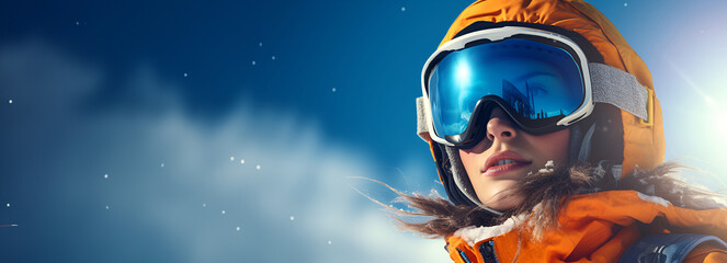 Adventure-seeking woman in ski attire enjoys the snowy mountain vista, her goggles reflecting the vast winter sky. Copy space