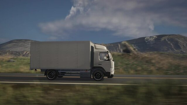Express Delivery Truck Transporting Goods. Driving Express Delivery Truck On Roadway. Express Delivery Truck Moving Logistics Shipment. Commercial. Trade. Animation. Shipping. Business