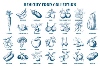 Collection of Healthy food. Sketch illustration