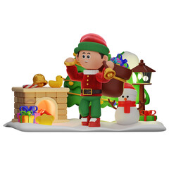 3d boy character christmas Holding A Bell with a Sack of Gifts pose