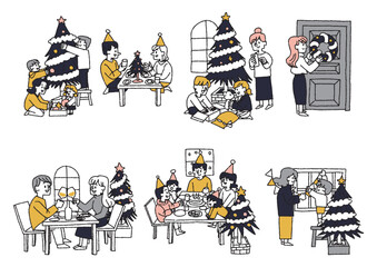 クリスマスのホームパーティーや家族との時間を楽しむ人々　コミカルな手書きの人物　ベクター、線画にカラ