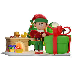 3d boy character christmas Leaning On The Gift pose