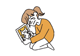 亡くなったペットの写真を見て涙を流す女性　身近の大切な人たち、ペットを亡くした人々