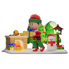 3d boy character christmas Running With Gift pose