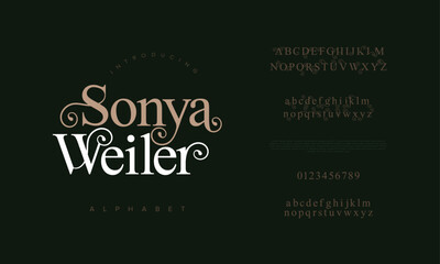 Sonyaweiler premium luxury elegant alphabet letters and numbers. Elegant wedding typography classic serif font decorative vintage retro. Creative vector illustration
