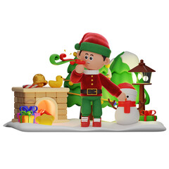 3d boy character christmas Blowing Party Blowout pose