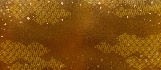日本伝統の茶金の和紙素材に雲の和柄模様と舞い散る粉雪風のワイド背景素材