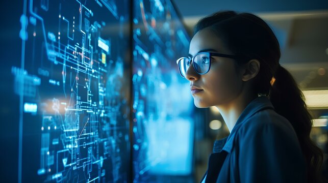 A female programmer developing cloud-based solutions. Her screen is filled with cloud icons and server schematics. generative AI