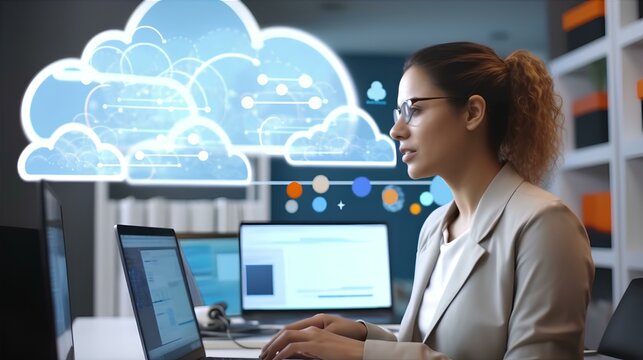 A female programmer developing cloud-based solutions. Her screen is filled with cloud icons and server schematics. generative AI