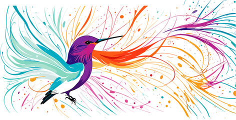 Obraz premium Fantasy world. Vector illustration of paradise hummingbird bird isolated on a white background. Abstract watercolor drawing. Colorful bird.