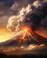 Fototapeta premium Volcano erupts at misty morning or sunset, volcanic ash shoots up into the sky, lightning around the volcanic ash, misty villages around the volcano