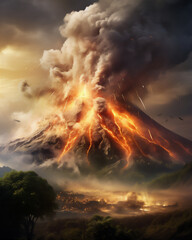 Fototapeta na wymiar Volcano erupts at misty morning or sunset, volcanic ash shoots up into the sky, lightning around the volcanic ash, misty villages around the volcano