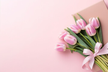 Top View of Pink Giftbox with Ribbon Bow and Tulip Bouquet on Pastel Pink Background - Created with Generative AI Tools
