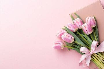 Top View of Pink Giftbox with Ribbon Bow and Tulip Bouquet on Pastel Pink Background - Created with Generative AI Tools