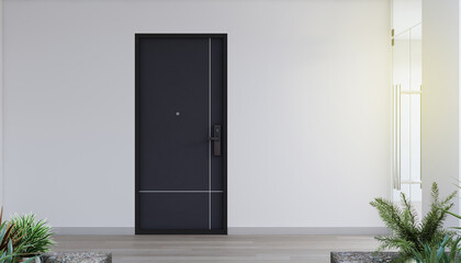 Door way with digital locking on wood door. Digital door handle with wood door panel. - obrazy, fototapety, plakaty