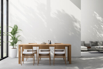 Minimal loft style dining and living room with nature view 3d render There are whte paint wall and concrete floor decorate with wooden table and gray sofa large window sunlight shining into the room.
