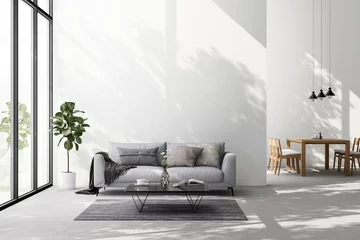 Fotobehang Modern loft style living and dining room with empty white wall for copy space 3d render There are whte paint wall and concrete floor overlooking nature view background sunlight shining into the room. © onzon