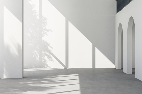 Minimal loft style empty room 3d render There are white paint walls and concrete floor sunlight shine into the room