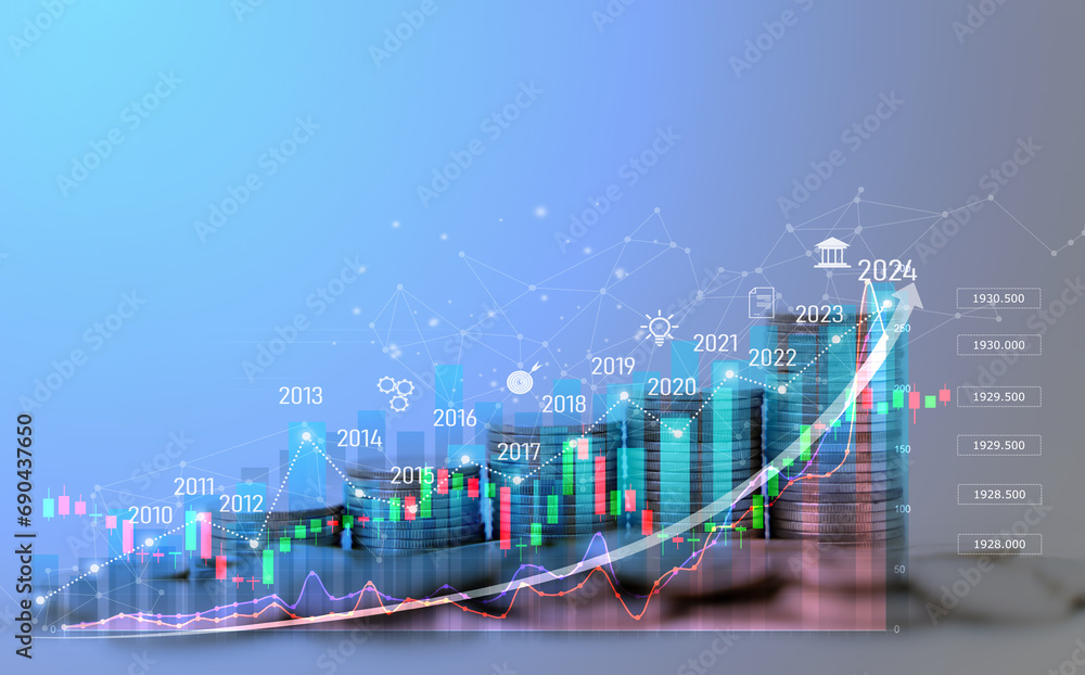 Poster coin stack with growing graph and stock graph.