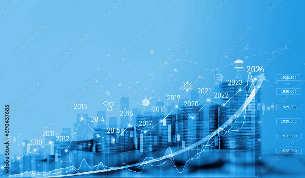 Poster coin stack with growing graph and stock graph.