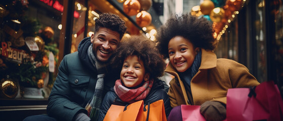 Fototapeta premium Happy family outdoors together with shopping bags and food