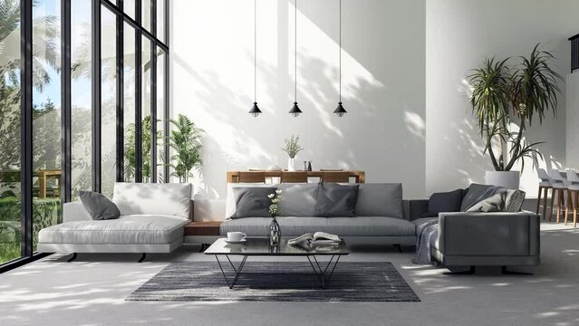 3D animation of modern loft style living room with garden view There are whte paint wall and concrete floor overlooking nature view background sunlight shining into the room.