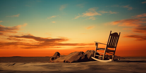 An inviting rocker sits in the warm glow of a sunset, ready for a peaceful moment - obrazy, fototapety, plakaty