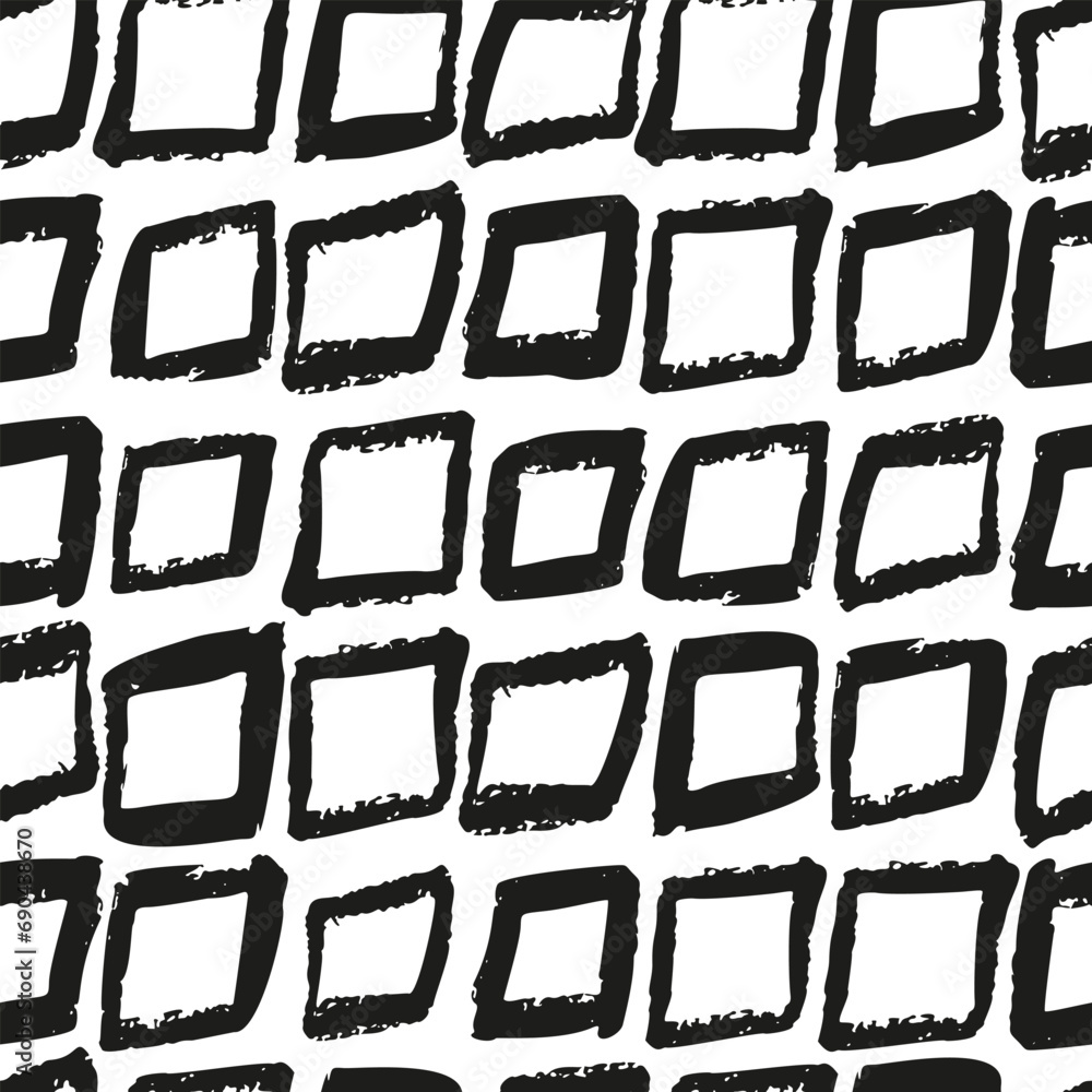 Wall mural Monochrome hand drawn square shape ink seamless pattern. - Wall murals