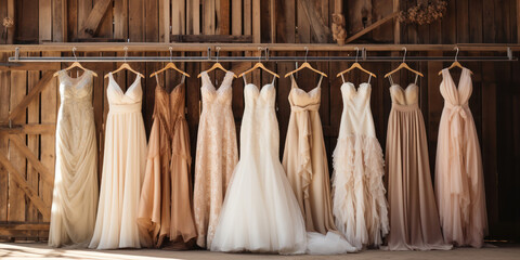 Fototapeta na wymiar Elegant wedding dresses set against the backdrop of a charming, weathered barn in the countryside