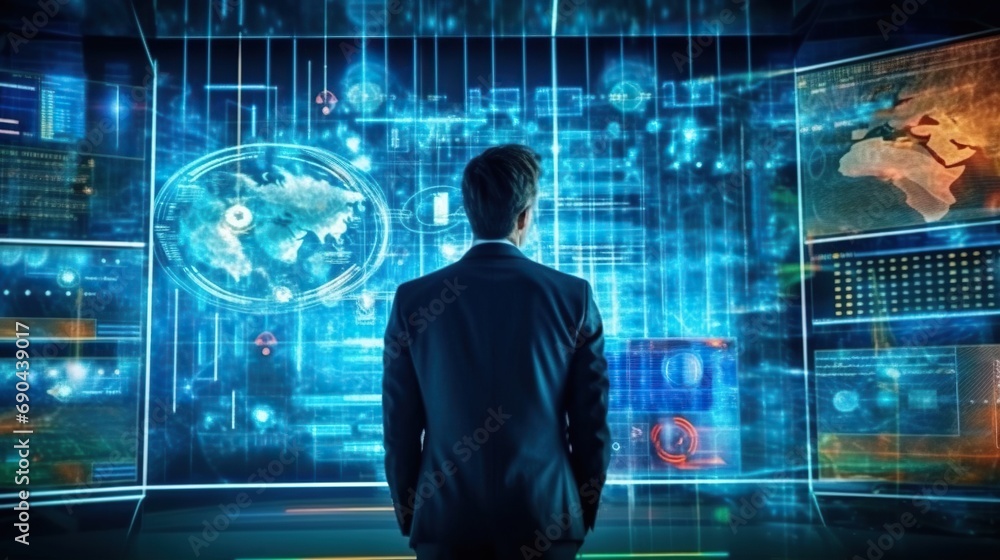 Poster man standing in front of futuristic virtual interface and planning