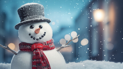 Snowman with Hat and Snow on Christmas