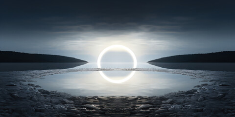 Glowing white portal illuminates a stark, cavernous landscape, casting reflections on a tranquil underground lake