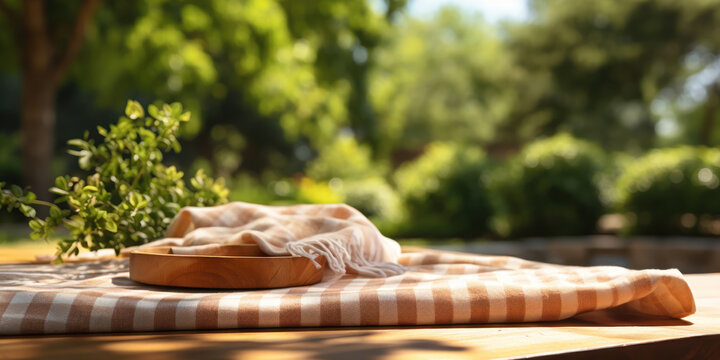 An empty wooden tray on a classic checkered tablecloth, inviting a picnic under the trees