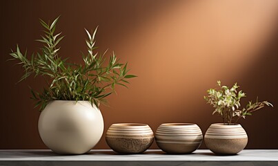 Fototapeta premium Cozy table with four pots and green plants
